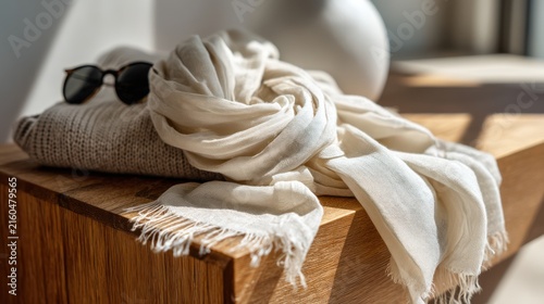 A sunlit scene features folded sweater, sunglasses, and a draped scarf atop a wooden surface