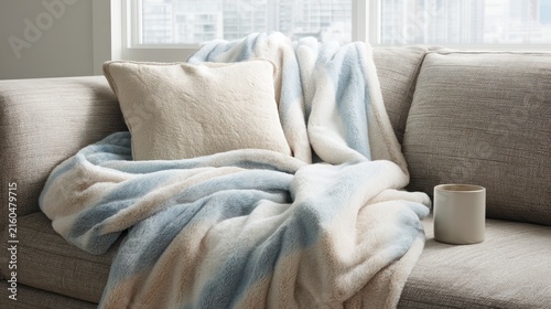 Cozy scene; soft throw blanket with pillow resting on a sofa, and mug