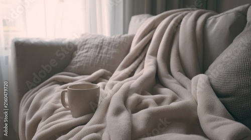 A cozy indoor scene, featuring a cream-colored plush blanket draping over a sofa with a mug