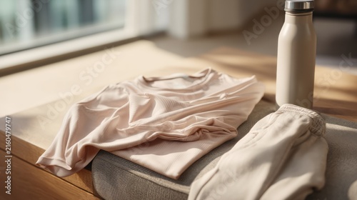 Serene still life featuring soft pink clothing items, and a reusable water bottle