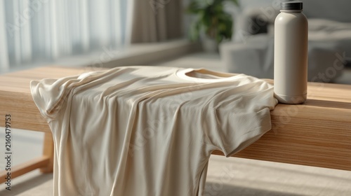 T-shirt draped on a wooden bench, beside a water bottle, bathed in sunlight