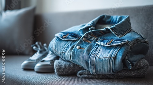 Casual apparel on gray sofa, including a denim jacket, knitwear, and sneakers