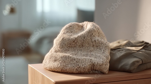 Close-up of knitted hat and folded shirt on a wooden table, bedroom with soft focus background