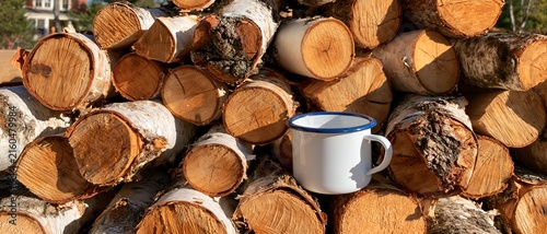 Sunlit woodpile with stacked logs and a white enamel mug.