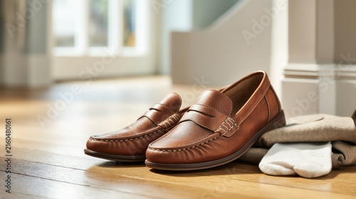 Pair of brown leather loafers resting on a wooden floor near a doorway, with socks & a garment