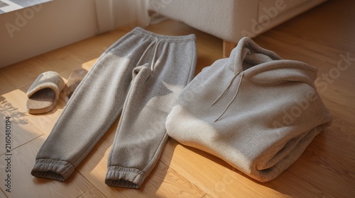Soft casual light gray loungewear set with matching slippers on a wooden floor, near a window
