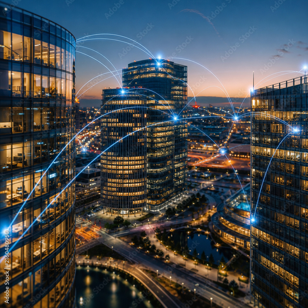 Obraz premium Futuristic smart city with high speed internet network connection 20