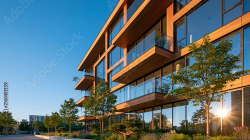 Modern apartment building with wooden balconies.