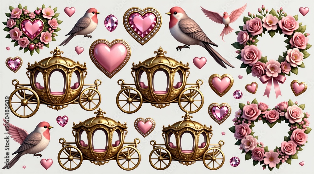 Naklejka premium Set of fairytale items including golden carriages pink hearts flying birds, floral wreaths. Decorative elements feature jewels, blossom flowers isolated on white background. Illustration collection