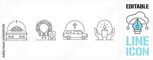 Editable line icon set in a black simple and clean vector outline stroke for funeral service, wooden coffin with flowers, memorial wreath with portrait, hearse car and burning candle in hands.