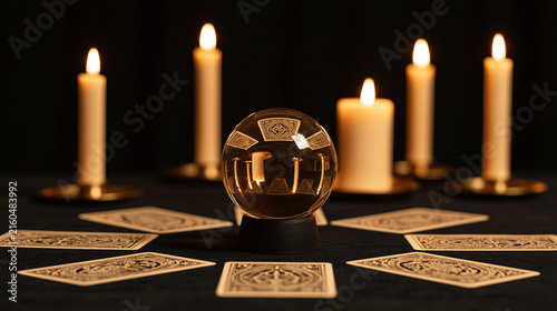 Tarot reading setup with candles reflected in a crystal sphere, mystical cards scattered across black velvet, spiritual prediction, occult symbolism, esotericism, dramatic