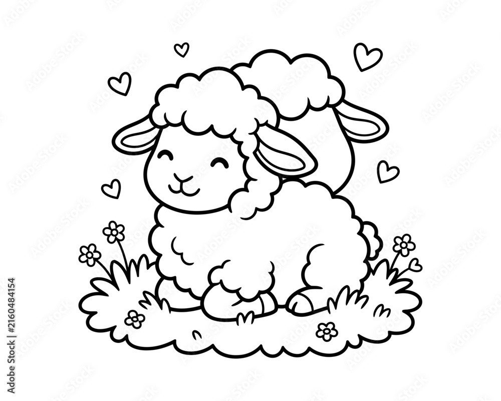 Obraz premium Cute cartoon lamb happily jumping in a field of flowers and hearts illustration