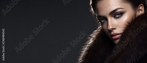 Close up portrait of beautiful young woman with blue eyes wearing luxury dark fur coat collar, premium evening makeup and high-end winter fashion cinema concept with large copy space