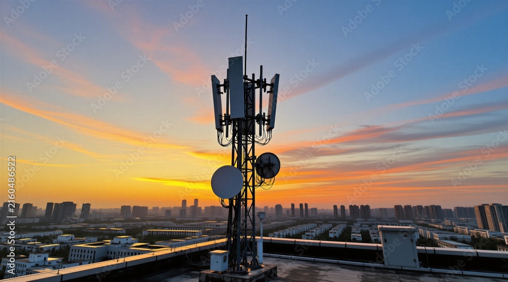 Fototapeta premium Communication tower on city rooftop at sunset. Antennae transmit signals across urban landscape. Buildings and sky glow with golden evening light. Modern infrastructure connects city life.