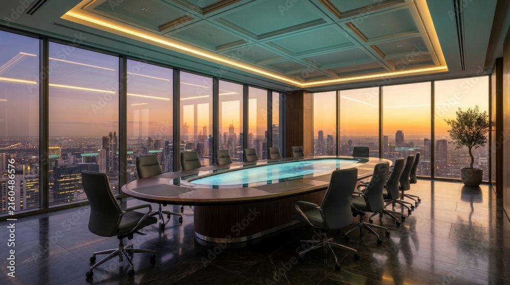 Fototapeta premium Modern luxury boardroom with a glowing digital conference table overlooking a panoramic city skyline at sunset
