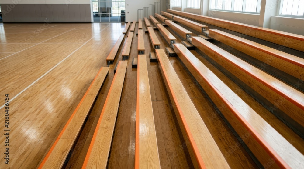Fototapeta premium Empty wooden bleachers in a bright gymnasium, ready for spectators, offering ample copy space for marketing