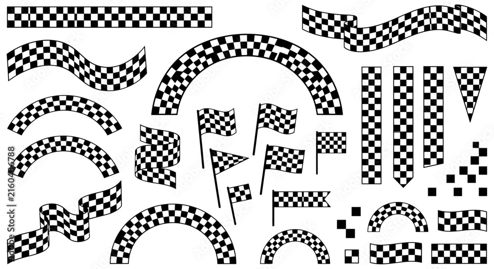 Naklejka premium Collection of various black and white checkered flag elements for racing and sports design projects