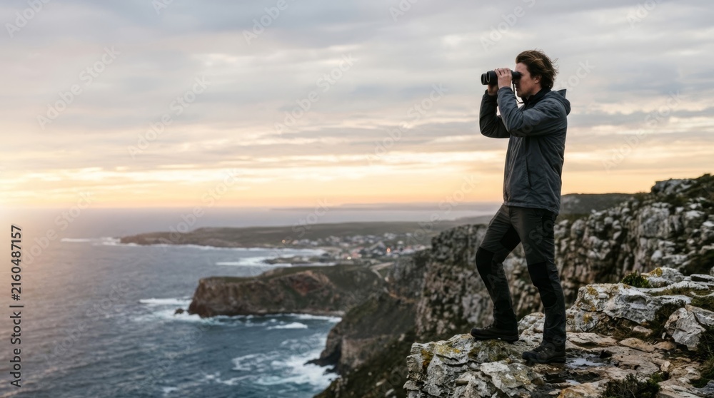 Obraz premium Man with binoculars on a cliff edge overlooking the ocean, planning future goals and strategy in a vast outdoor landscape