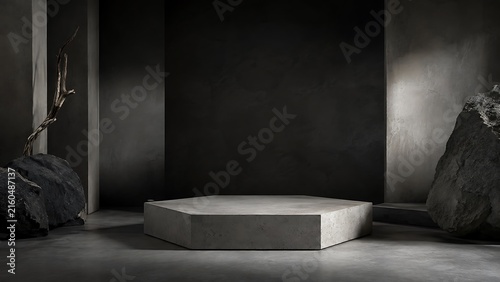 Dark minimal concrete mock-up with a hexagonal grey podium, abstract interior background with stone texture, moody luxury product display studio