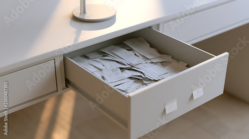 Open Desk Drawer Full of Paper Documents and Receipts, Highlighting Clutter and Disorganization in an Office