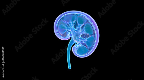 Abstract Glowing Human Kidney Anatomy with Blue and Purple X-Ray Effect on Black Background for Medical Concepts