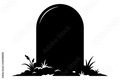 Black silhouette of a tombstone with grass, graveyard headstone vector icon illustration.