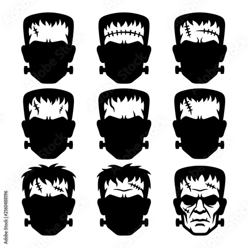 Frankenstein monster head silhouettes and detailed face vector icon set