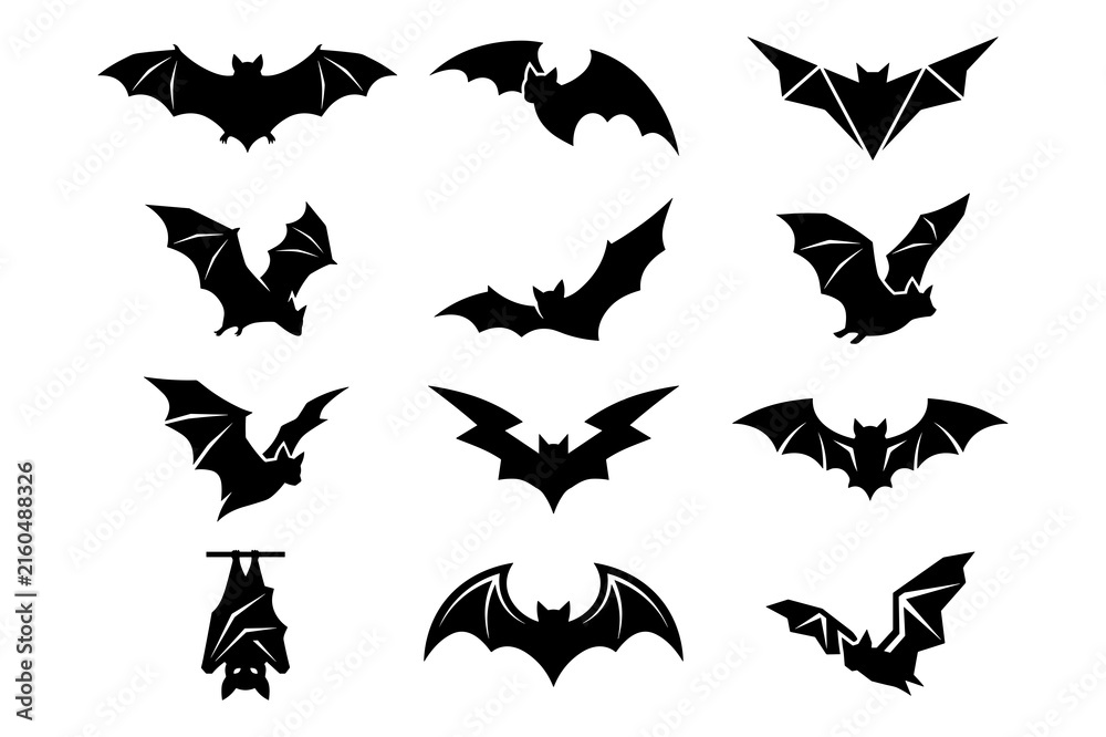 Fototapeta premium Set of black bat silhouettes for Halloween design elements and spooky vector icons