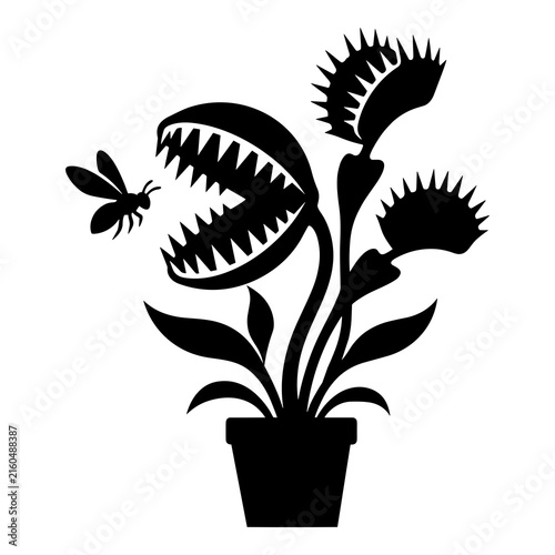 Venus flytrap plant silhouette with a flying bee in a pot vector illustration icon