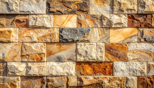 Textured natural stone wall with warm earth tones offers a rustic yet elegant architectural background. Symbolizing strength and stability, nobody is seen in this backdrop.