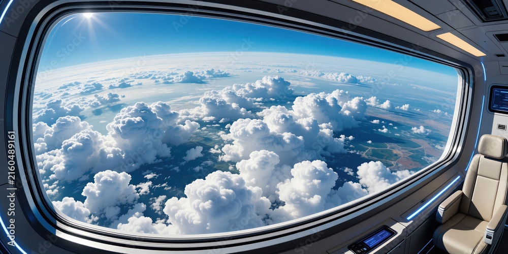 Fototapeta premium View of Earths cloudscape from spaceship window. Futuristic cabin interior with comfortable seat offers panoramic planet panorama. Space travel concept.