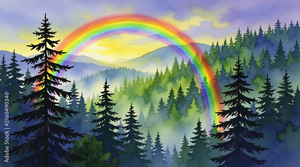 Naklejka premium Watercolor illustration of misty pine forest with vibrant rainbow arching over evergreen trees. Scenic mountain landscape features colorful arc in cloudy sky above wilderness woods. Dreamy