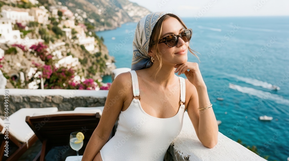 Fototapeta premium Young woman in white swimsuit and headscarf enjoying vacation view by the sea