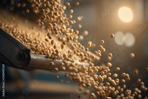 Industrial conveyor belt sorting organic soybeans. Factory machine processing agricultural harvest. Production line manufacturing food commodities
