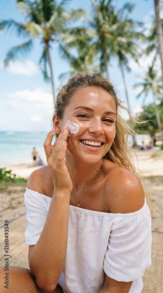 Fototapeta premium Woman applying sunscreen on face at beach