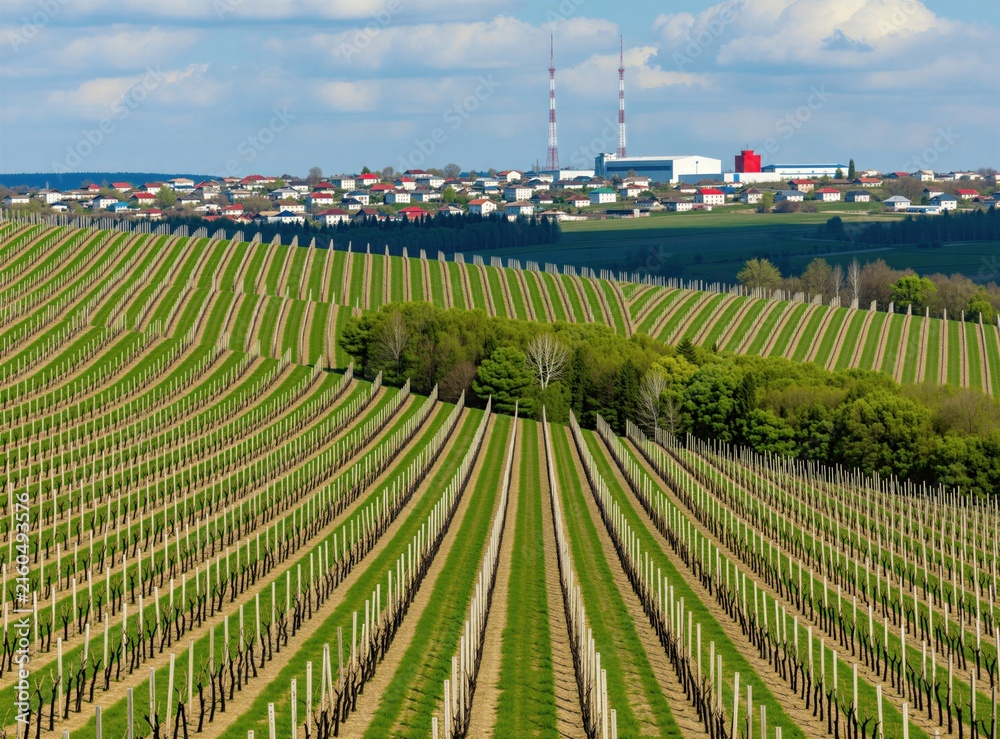 Naklejka premium Vineyard rows extend across rolling hills in early spring. Green grass grows between vine trunks near industrial village with houses, radio towers. Rural landscape shows agricultural farm land during
