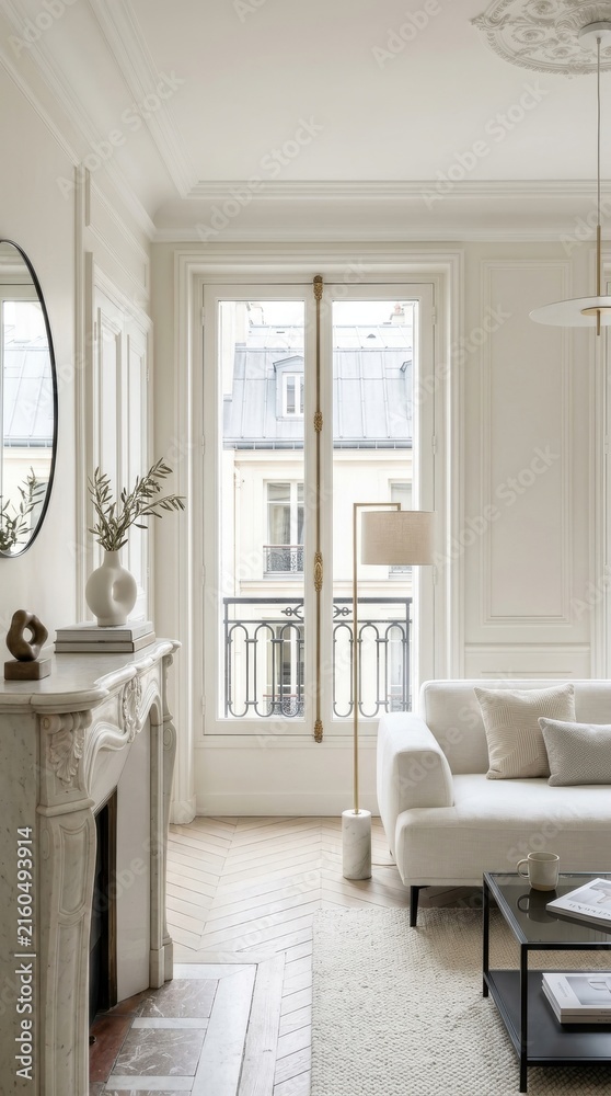 Fototapeta premium Modern living room interior with marble fireplace and window view