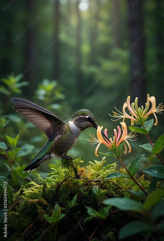 Naklejka premium Pollination and biodiversity in nature, hummingbird feeding on honeysuckle flower in a lush green forest environment