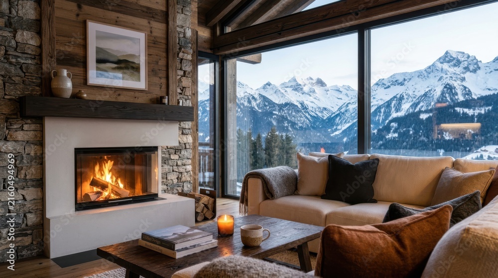 Fototapeta premium Cozy chalet living room with fireplace and mountain view