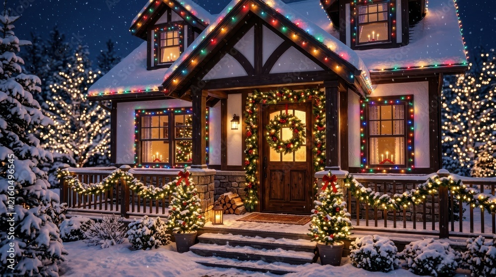 Fototapeta premium Cozy house decorated with Christmas lights and snow at night