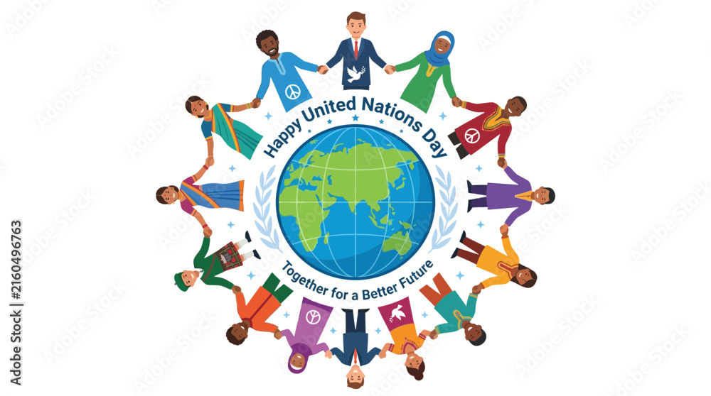 Fototapeta premium Diverse group of people holding hands around globe for international unity