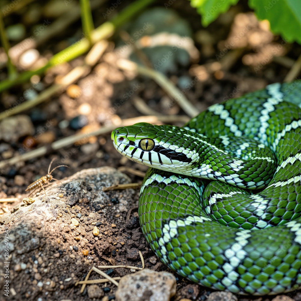 Obraz premium Green snake rests on brown dirt ground near rocks in forest. Coiled reptile shows pattern scales, bright eyes close up. Wild animal hunts for insects in nature. Predator waits patiently in garden
