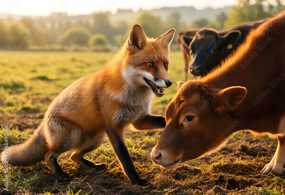 Naklejka premium Unusual animal encounter, fox and calf interaction in a rural field at sunset, wildlife and farm animals together