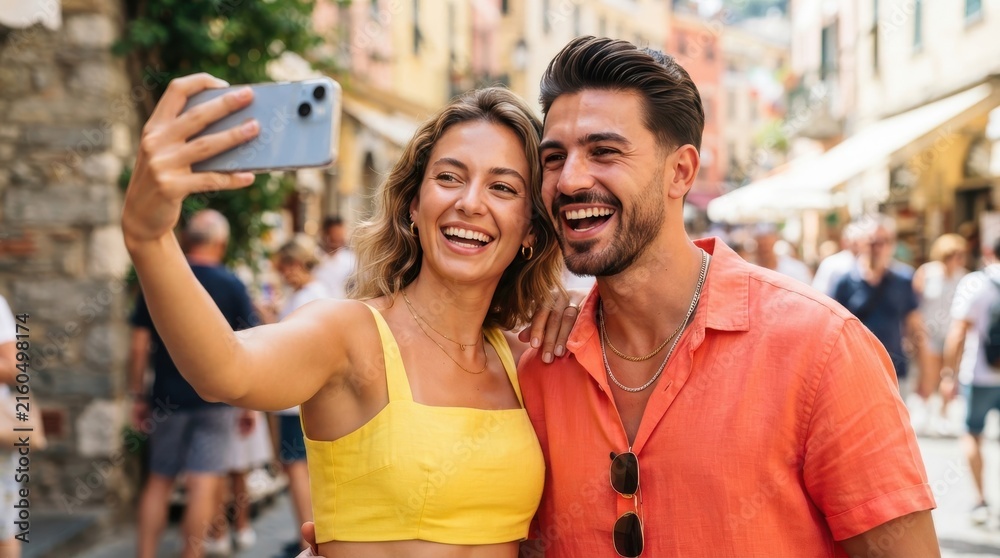 Naklejka premium Happy young couple taking selfie with smartphone on street