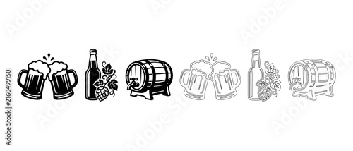 Collection of beer related icons featuring mugs bottles and barrels