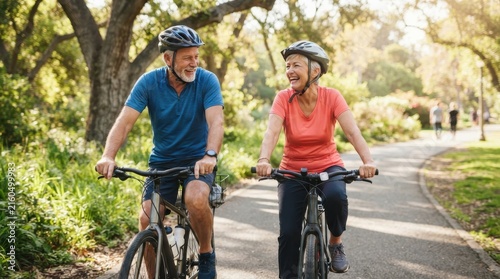 Senior couple riding bicycles together on park path