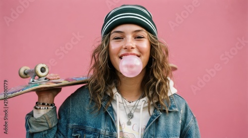 Young woman with a skateboard blowing a bubblegum bubble