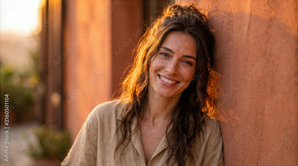 Fototapeta premium Smiling woman in warm evening light outdoors