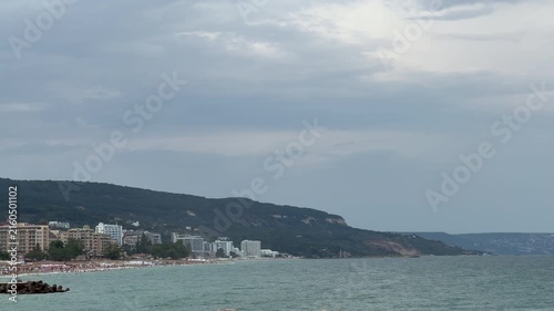 Gloomy overcast day at a crowded seaside resort