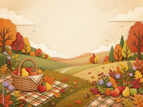 A whimsical autumn landscape features a picnic basket surrounded by scattered fruits and foliage under a soft golden sky.